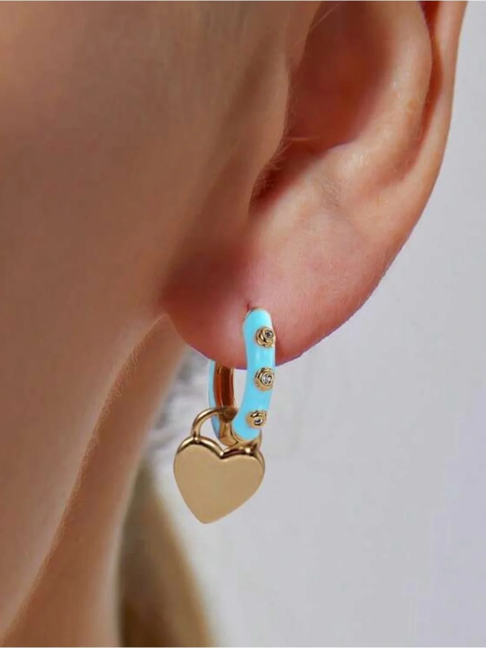 Western Gold Plated Heart Drop Hoop Earrings with Turquoise Enamel and Crystals